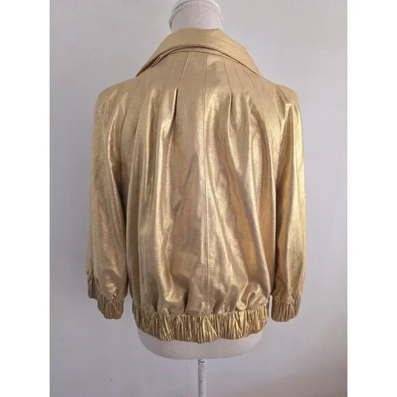 St John Gold Metallic Lambs Leather Silk 80s Retro Shimmer Bomber Zip Jacket M